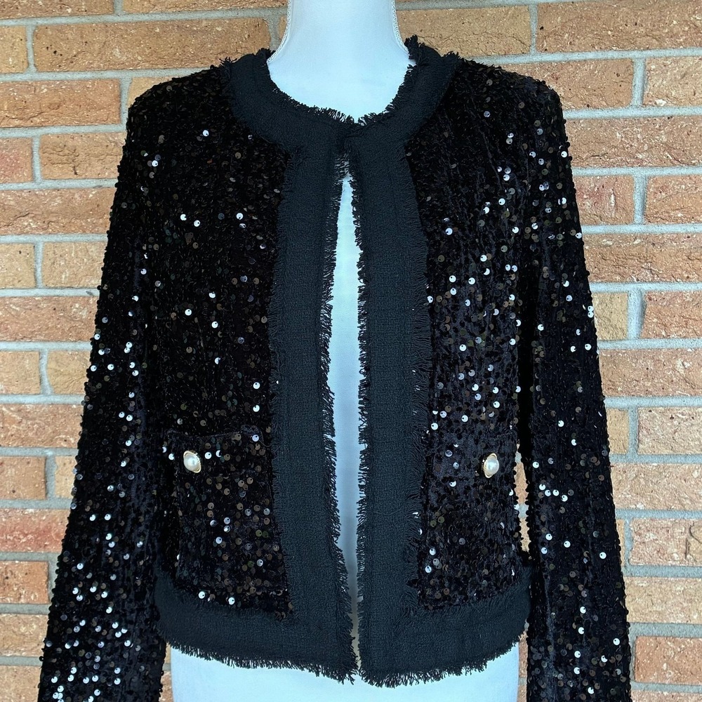 Nanette Lepore Sequin Jacket Womens Small Black New Pearl Button Frayed Trim - Picture 2 of 14